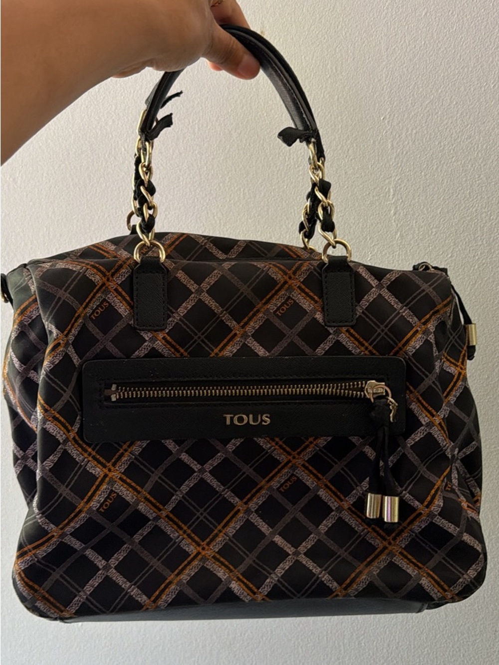 Tous Black Satchel with Brown Plaid and Gold Hardware